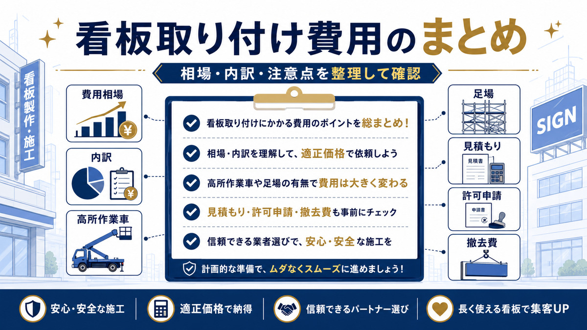 看板取り付け費用のまとめとして相場や内訳、見積もり、許可申請、撤去費を解説した図