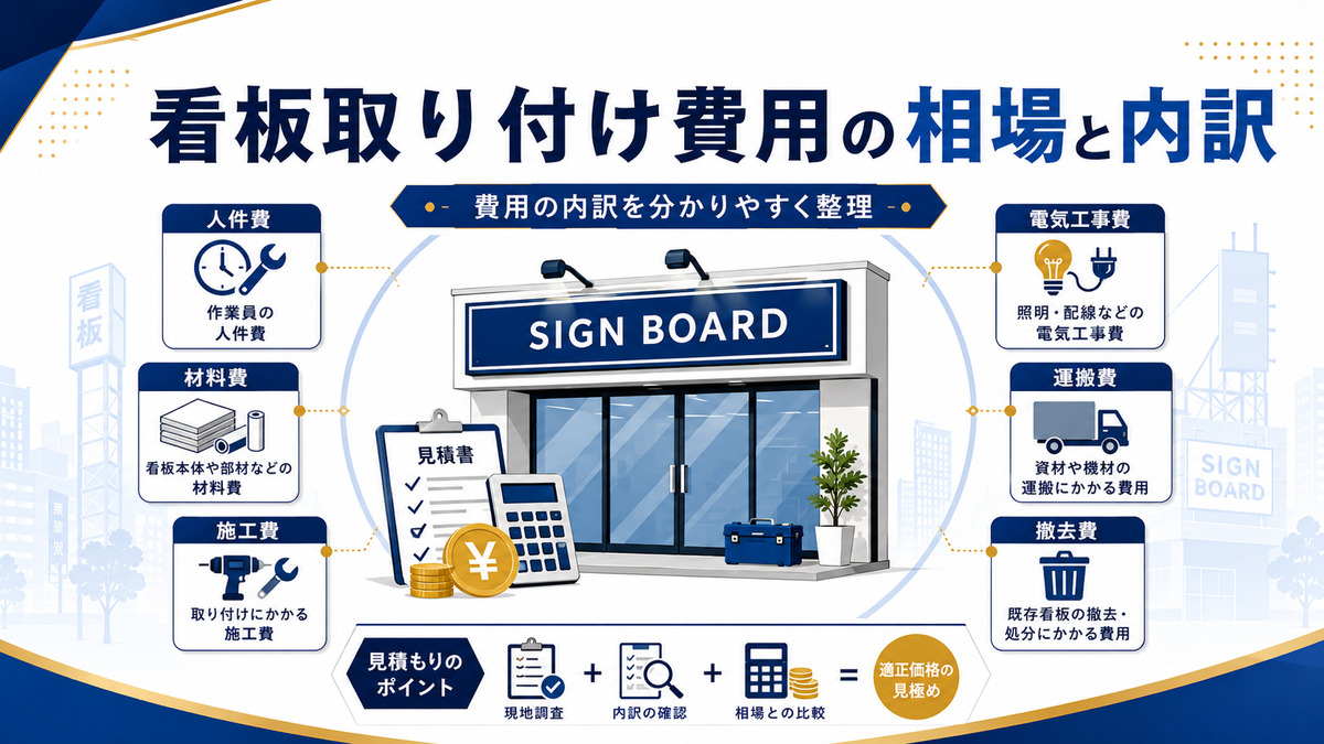 看板取り付け費用の相場と内訳を人件費や施工費などに分けて解説した図