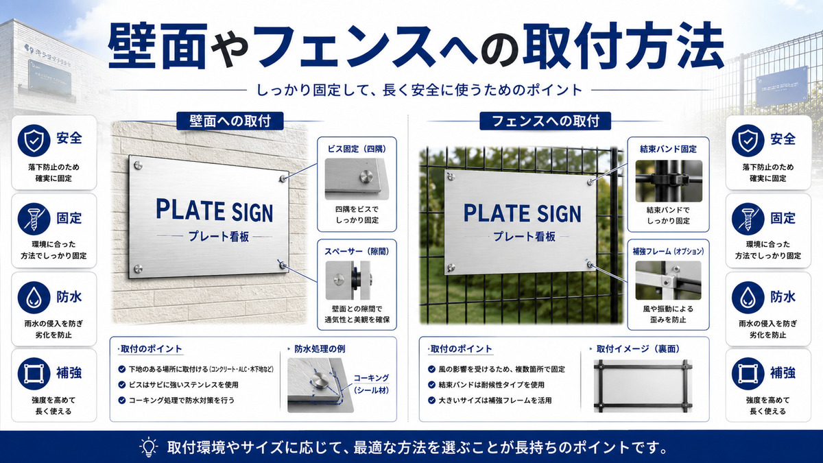 壁面とフェンスにプレート看板を取り付ける方法を比較した図解