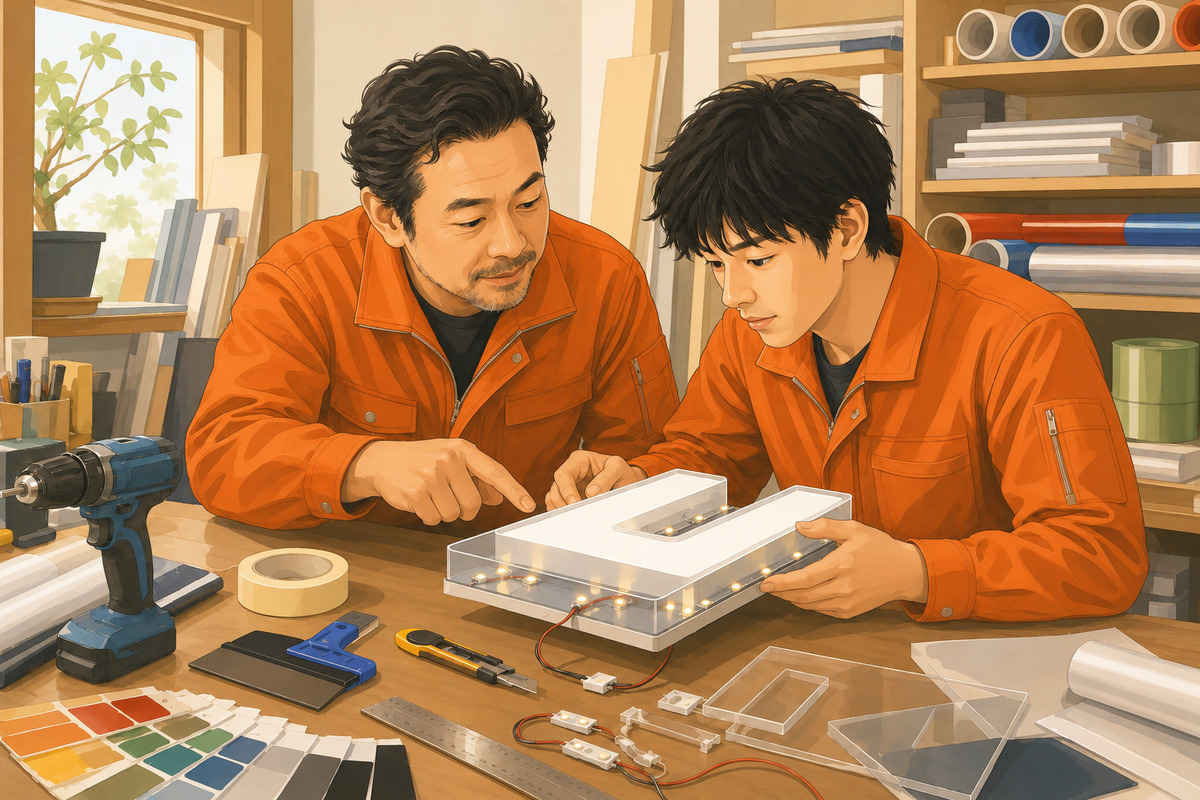 先輩社員が若手社員にLED看板の製作方法を教える株式会社看板市場の採用イメージ