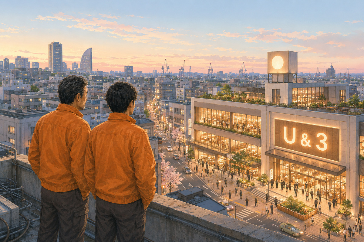 二人の職人が成長した店舗と横浜の街を見渡す株式会社看板市場の採用イメージ