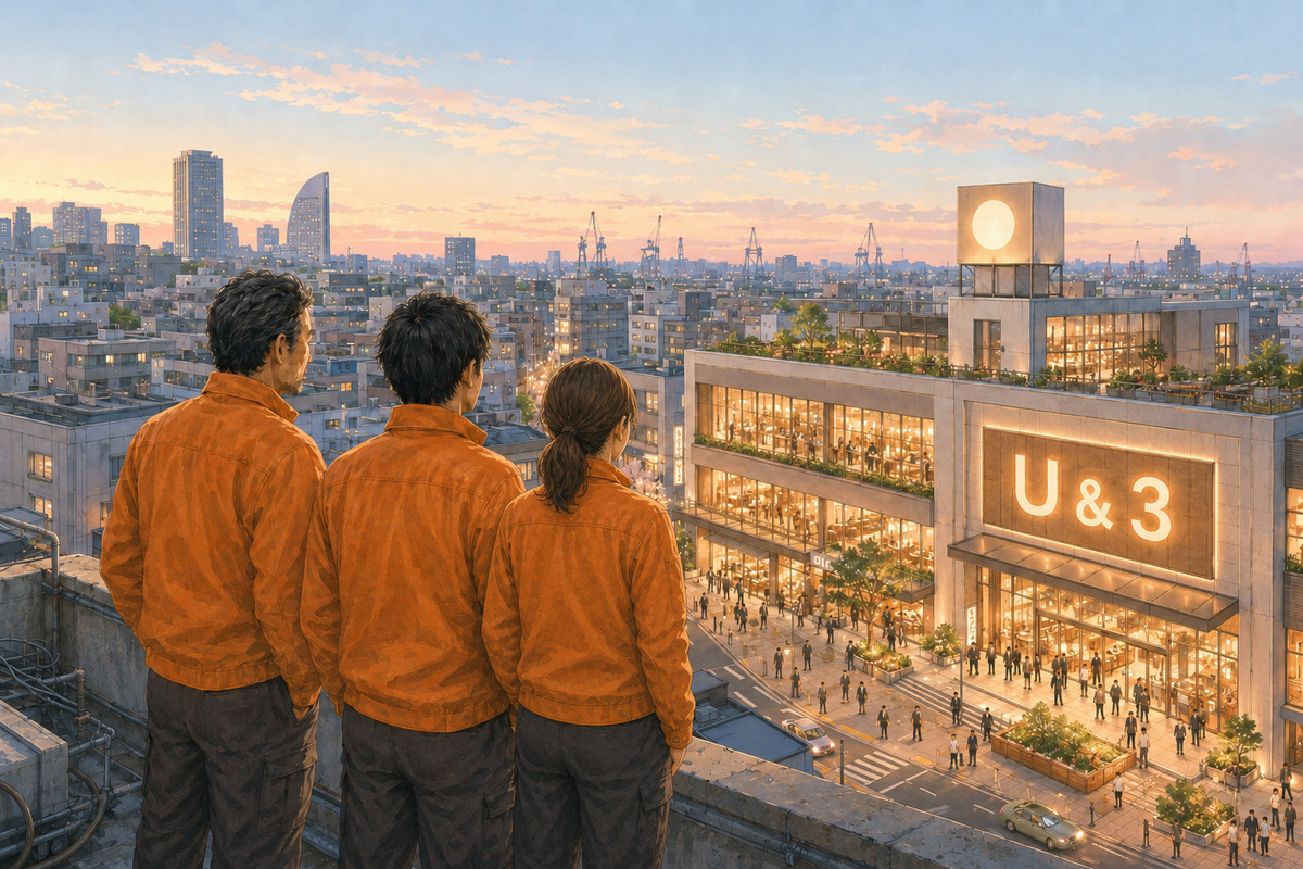 完成した看板と街を見つめる株式会社看板市場のサインプランナーと施工スタッフ