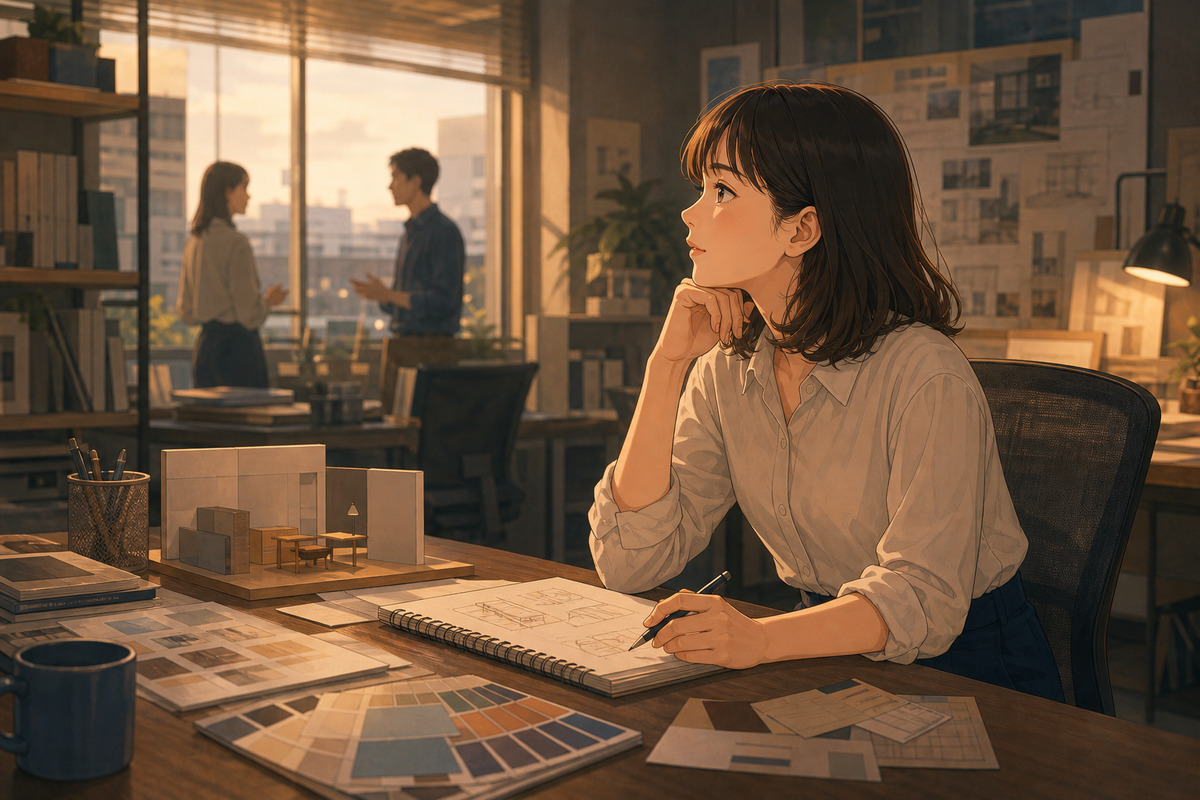デザイン資料を前にサインプランナーの仕事について考える女性