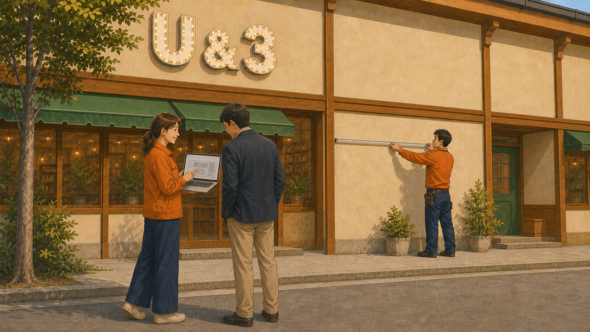 店舗オーナーと看板の設置場所を確認する株式会社看板市場の女性サインプランナーと施工スタッフ