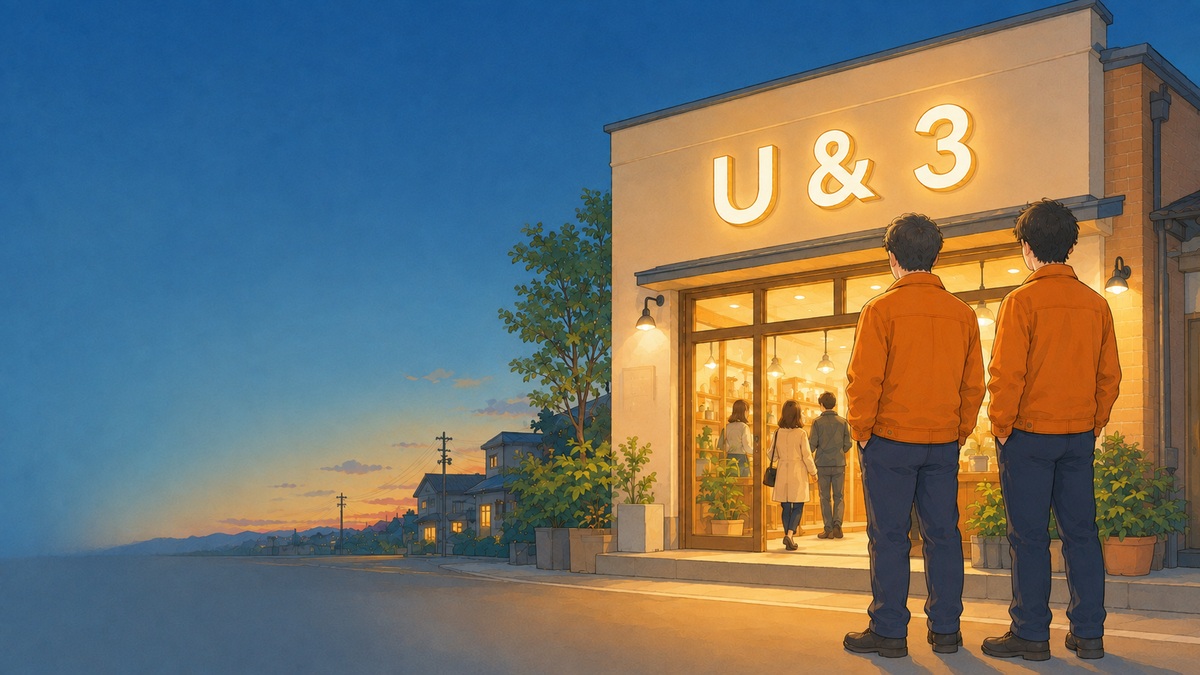 株式会社看板市場の先輩と若手の看板職人が施工した店舗看板を見つめる採用イメージ